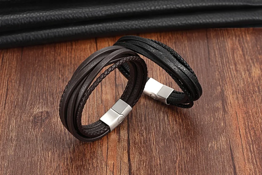 Title 8, Fashion stainless steel chain leather bracelet