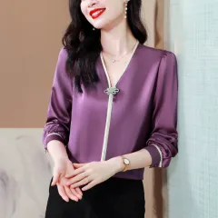 Loose Pullover Shirt V-neck Top - Purple - View 1