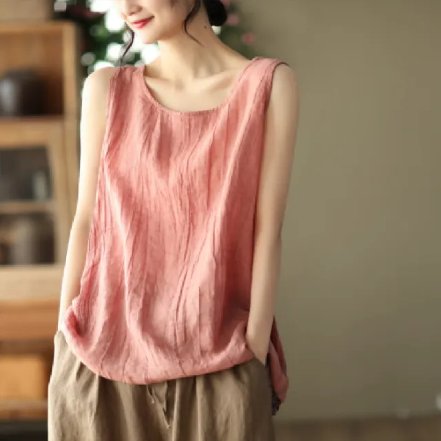 Cotton And Linen Art Solid Color Loose fitting Versatile Top Camisole For Women Dark Pink - Shop at LoveMi