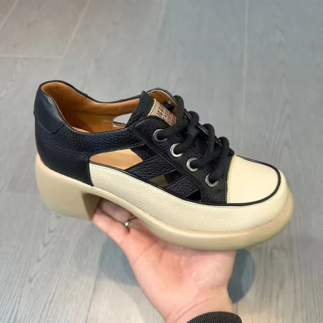 Women's Rubber Canvas Chunky Heel Round Toe Roman Lady Platform Hollow Sandals Black - Shop at LoveMi