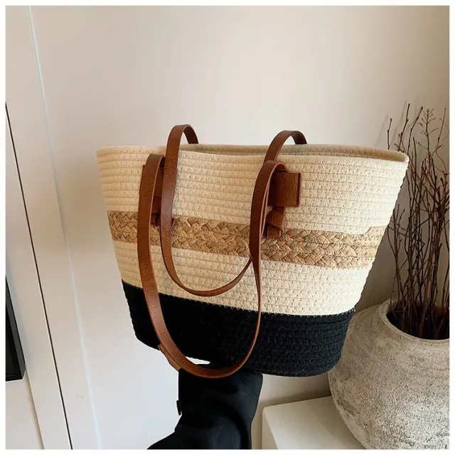 Straw Woven Tote Large Capacity Beach Shoulder Bag Black - Shop at LoveMi