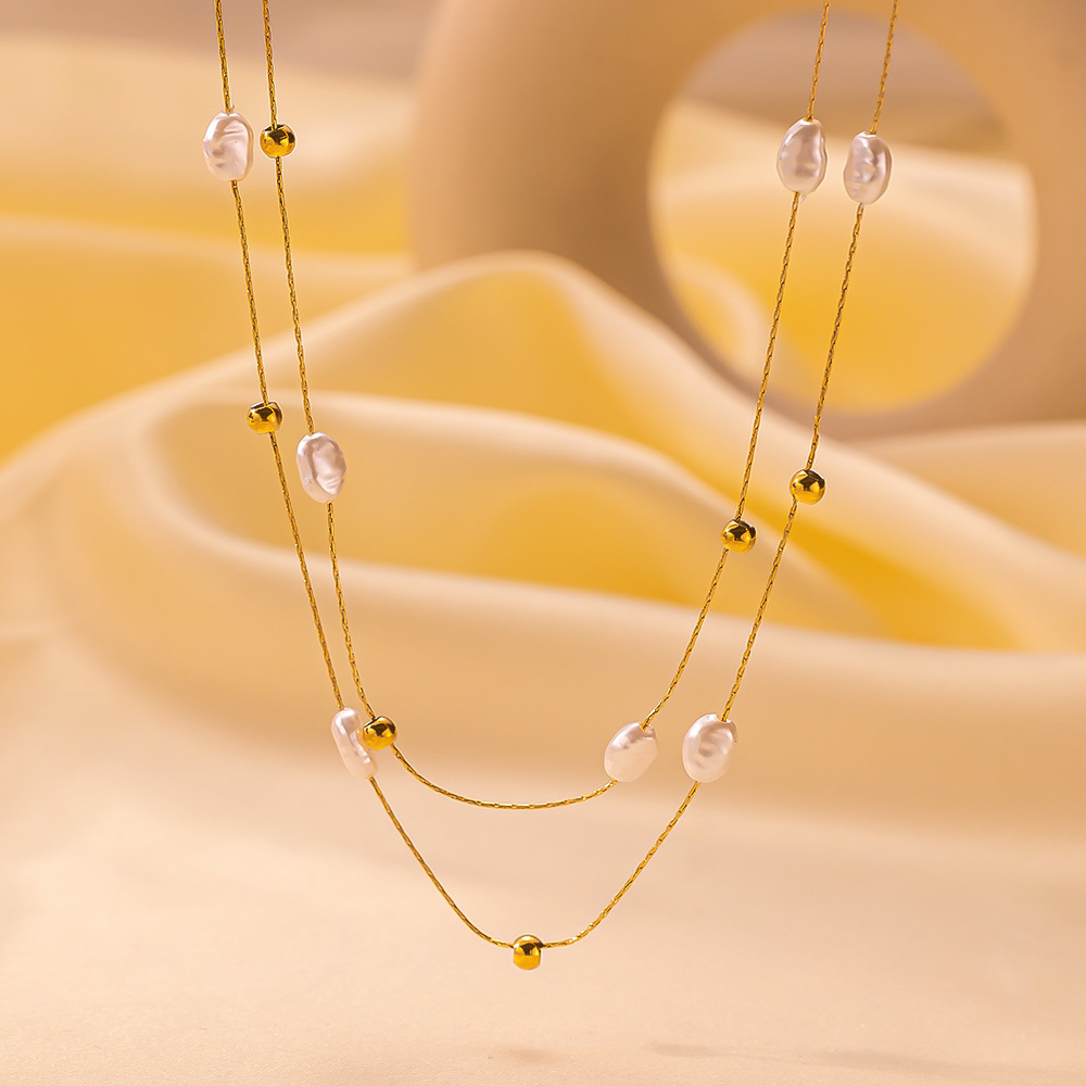 Niche Design Double-Layer Pearl Clavicle Vintage French-Style Artificial Pearl Titanium Steel Necklace