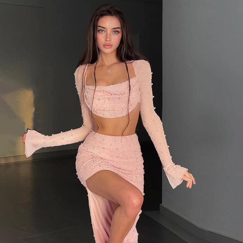 Knitted Beaded Square-Neck Long-Sleeve Top And Skirt Set