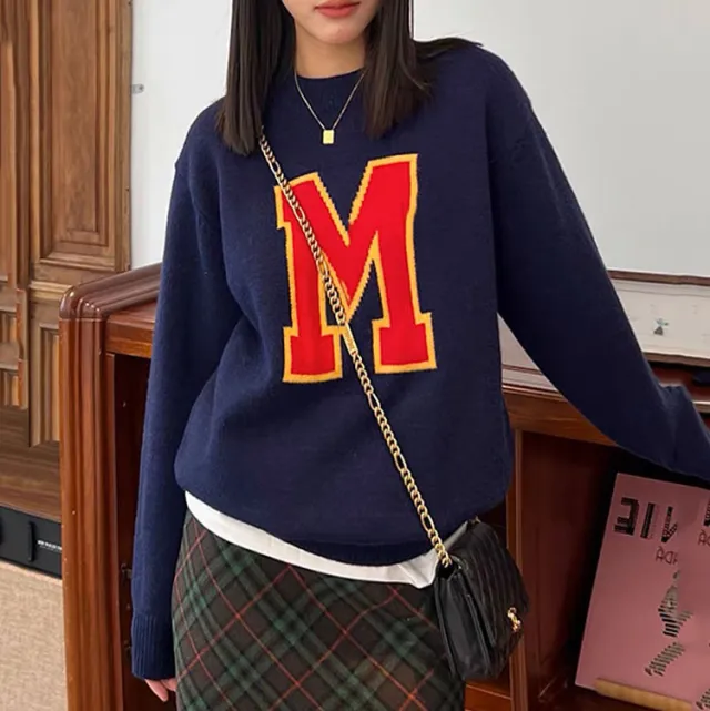 Letter Pullover Sweater For Women Navy Blue - Shop at LoveMi