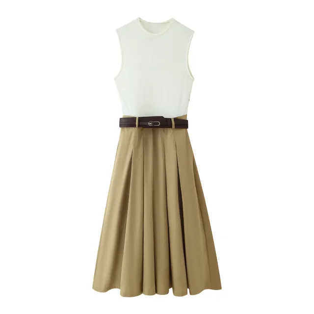 Summer With Belt Patchwork Round Neck Sleeveless Dress - Shop at LoveMi