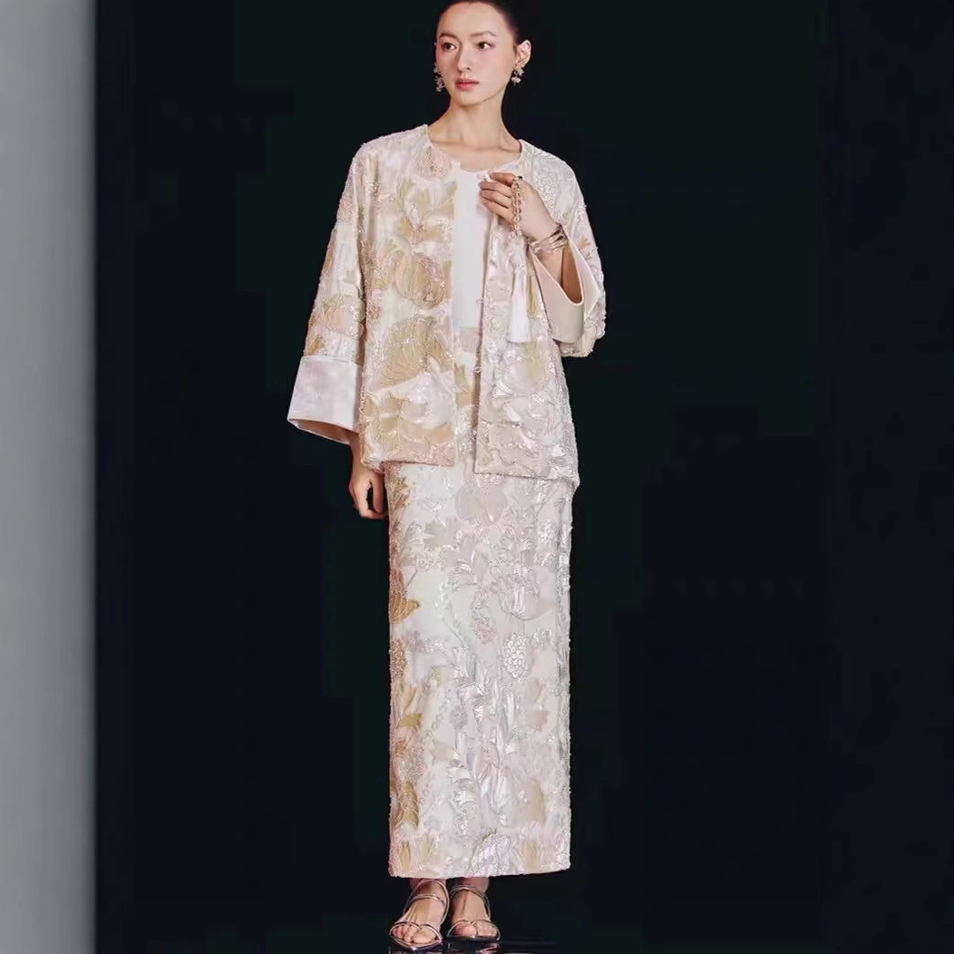 Beaded Embroidery Coat Top Straight New Chinese Skirt