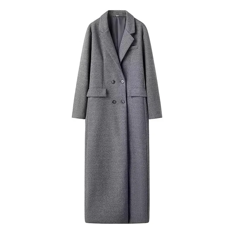 Women's Button Long Woolen Coat - Gray
