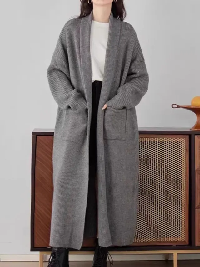 Women's Elegant Long Below The Knee Sweater Cardigan Gray - Shop at LoveMi