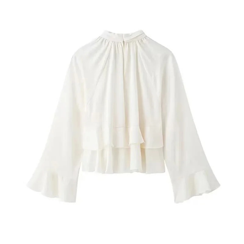 Ruffled Vintage Beige Satin Top for Women, Long Sleeve