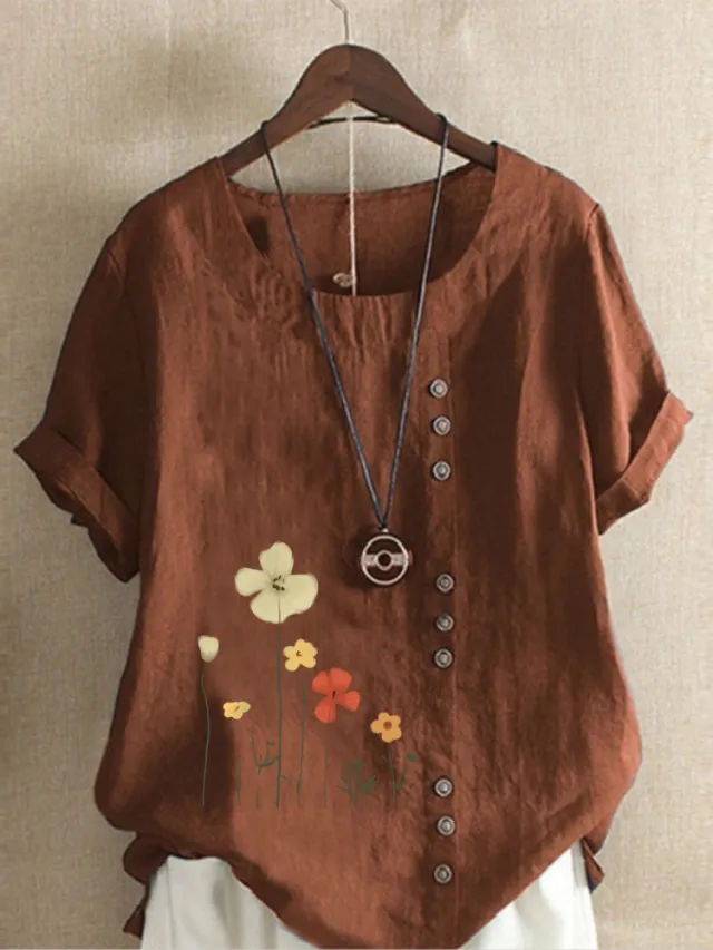 Cotton And Linen Printed Elegant Short Sleeve T shirt Top Women Brown - Shop at LoveMi