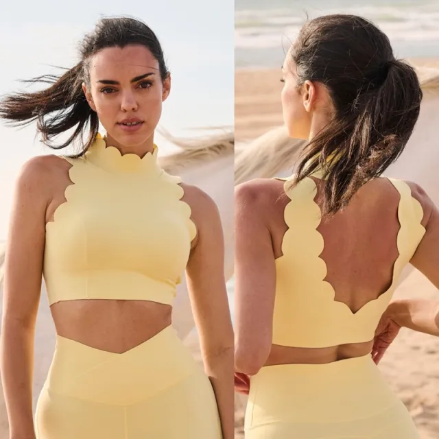 Halter Sleeveless Yoga Bra Lace Thick Shoulder Strap Beauty Back Lemon Yellow Top - Shop at LoveMi