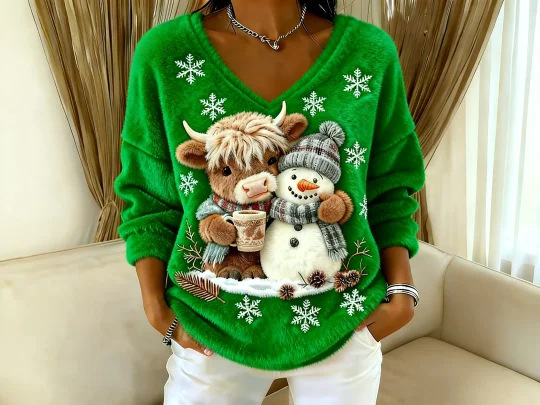 Fashionable Digital-Printed Christmas Women's V-Neck Sweater - Image 2