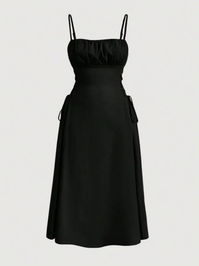 Spaghetti Straps Chest Wrap Waist tight Long Dress Black - Shop at LoveMi