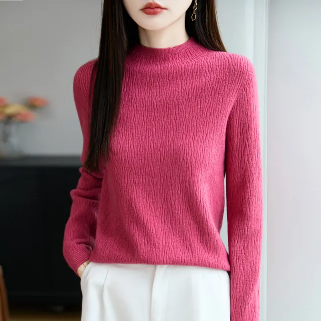 Women's Loose fitting Mid neck Sweater Long Sleeve Base Raspberry Color - Shop at LoveMi