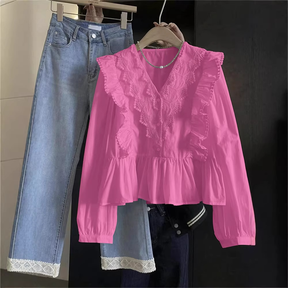 Womens Casual Solid-Color Lace-Patchwork Ruffle-Trim Long-Sleeve Top