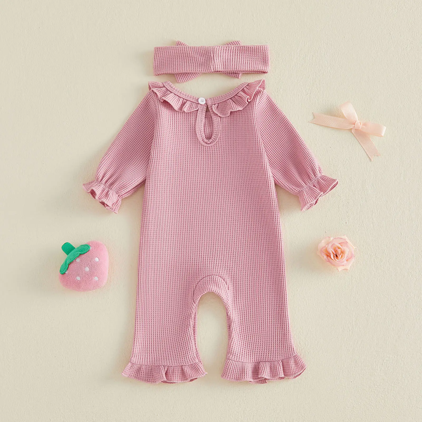 Embroidered Lotus-leaf Collar Long-sleeve Jumpsuit Headband
