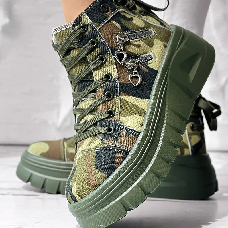 Muffin Heel Side Zipper Front And Rear Lace-up Fashion Casual Sneakers - Green