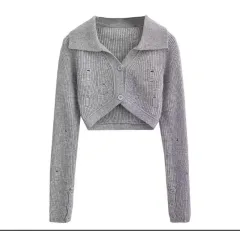 American Style Solid Colour Polo Collar Short Suit - Grey Top - View 1