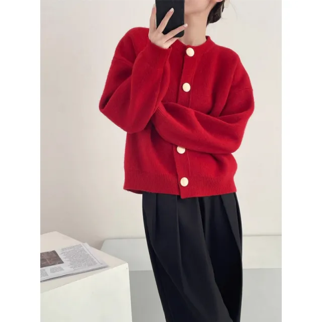 Button Knitted Cardigan Women's Sweater Korean Style Loose Soft Glutinous Red - Shop at LoveMi
