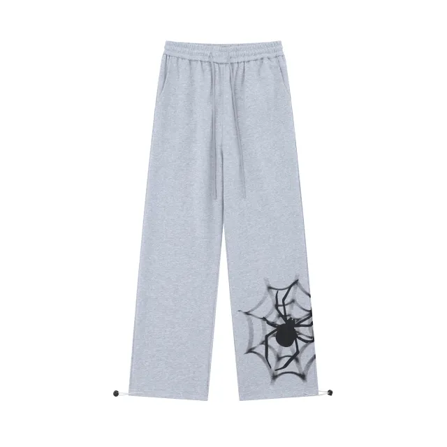 Retro Spider Print Casual Straight Ankle Tied Sports Pants Flower Gray - Shop at LoveMi
