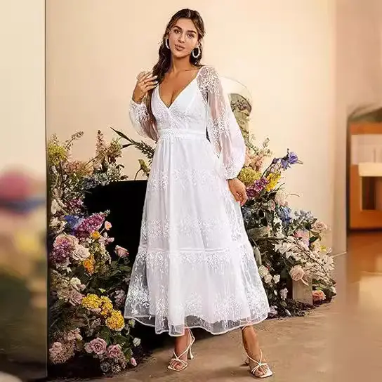V-neck Embroidery Lace Dress