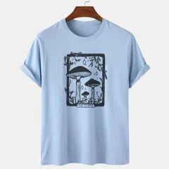 Printed Round Neck Loose Short Sleeves T-shirt - Blue - View 1