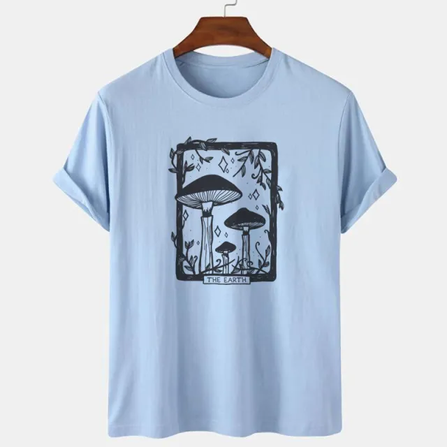 Printed Round Neck Loose Short Sleeves T shirt Blue - Shop at LoveMi
