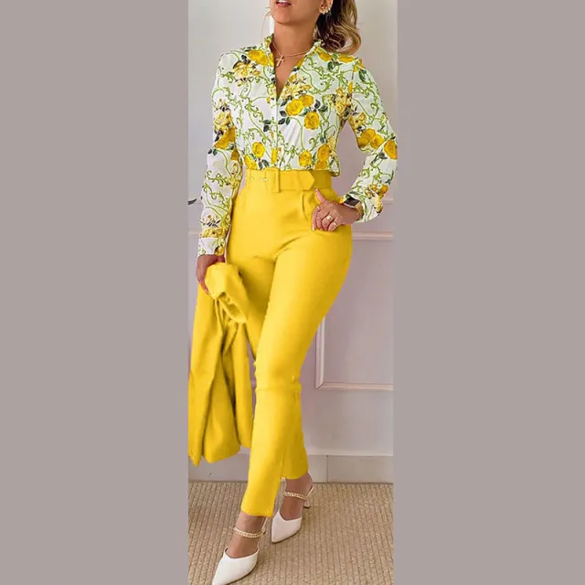 Women's Clothing New Elegant Printed Trousers Long Sleeve Fashion Casual Set Yellow - Shop at LoveMi