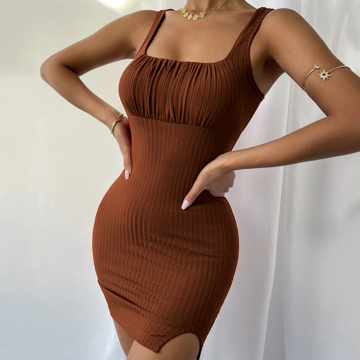 New Sexy Slit Slim Fit Strap Knitted Dress Brown - Shop at LoveMi