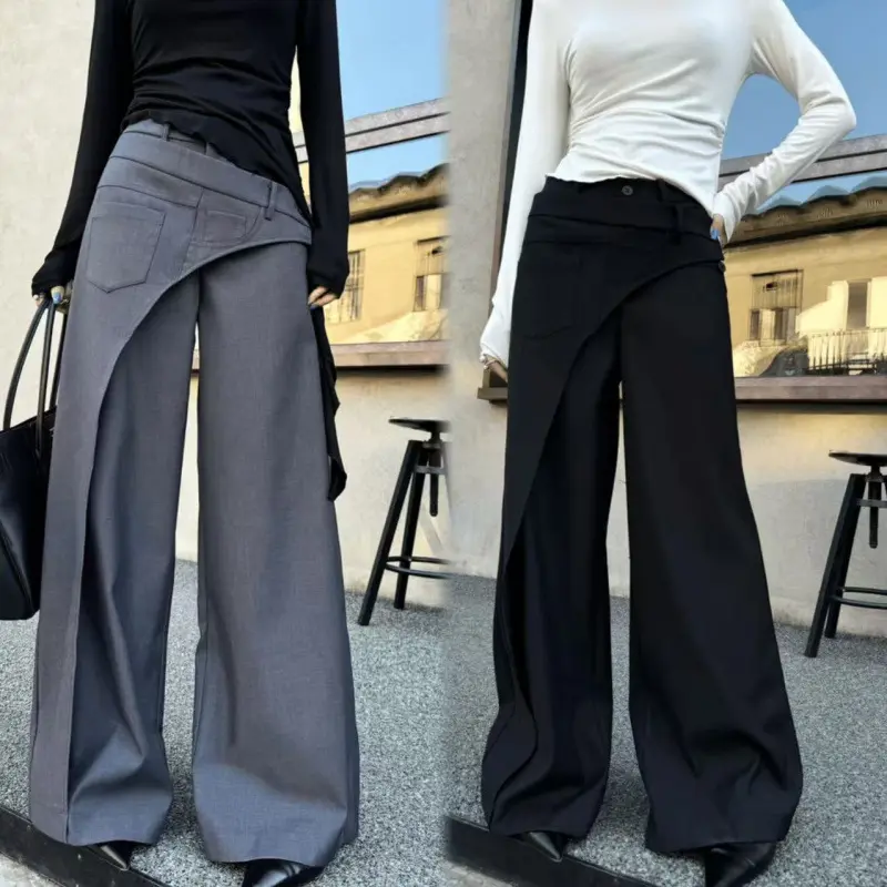 Irregular Diagonal-paneling Arrival Fashionable Loose-fit Figure-flattering Wide-leg