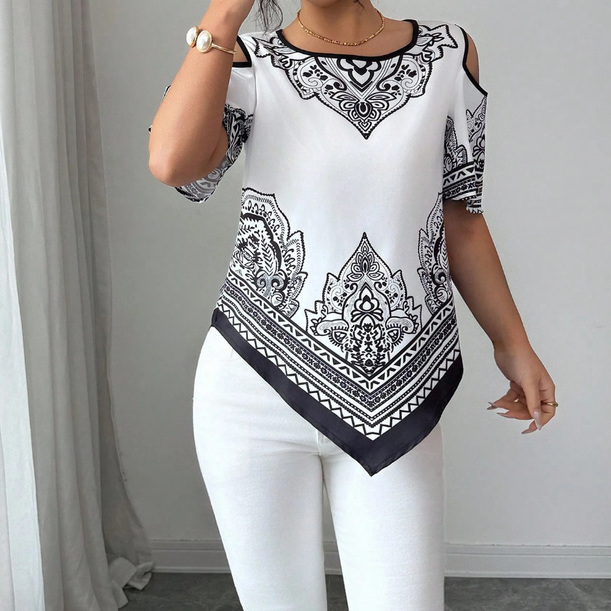 Floral-print Top With A Round Neck And Off-the-shoulder Design
