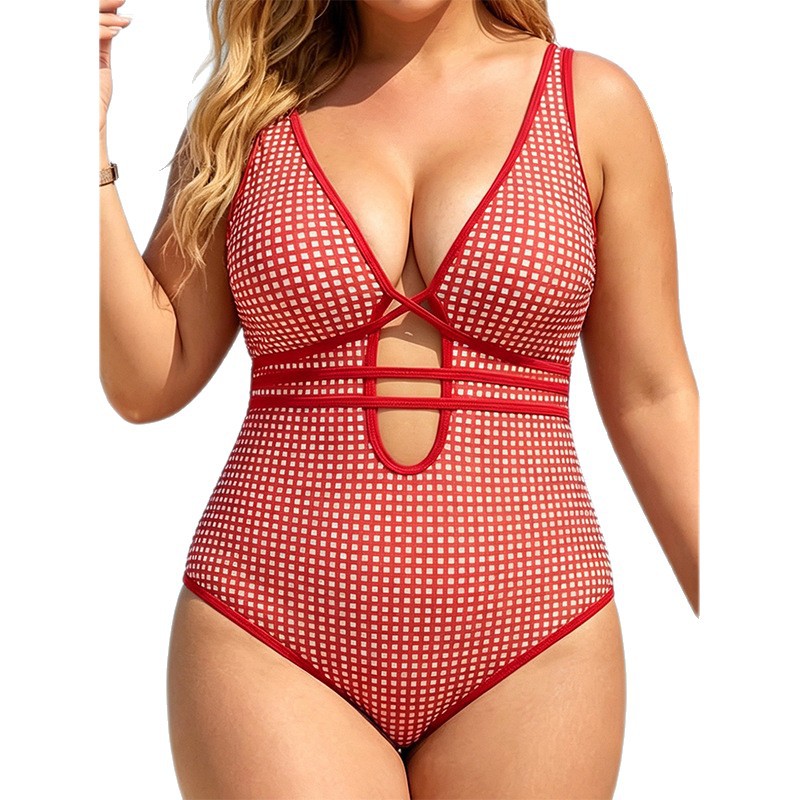 Plus-size Plaid-printed Strap One-piece Bikini V-neck Womens Swimsuit