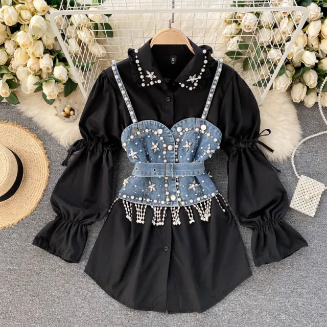 Diamond Beaded Puff Sleeve Shirt Top Tassel Pearl Sling Vest Two piece Set Black - Shop at LoveMi