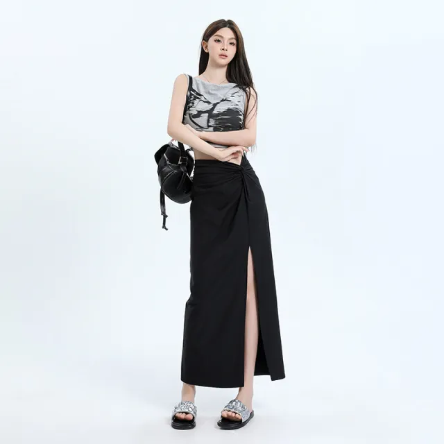 Summer New High Waist Slimming Slit Hemline At Hem Asymmetric Skirt Black - Shop at LoveMi