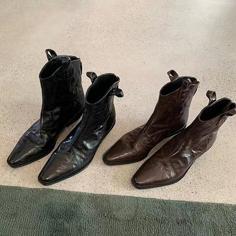 AutumnWinter Pointed-toe V-cut Vintage Denim Slim-fit Boots