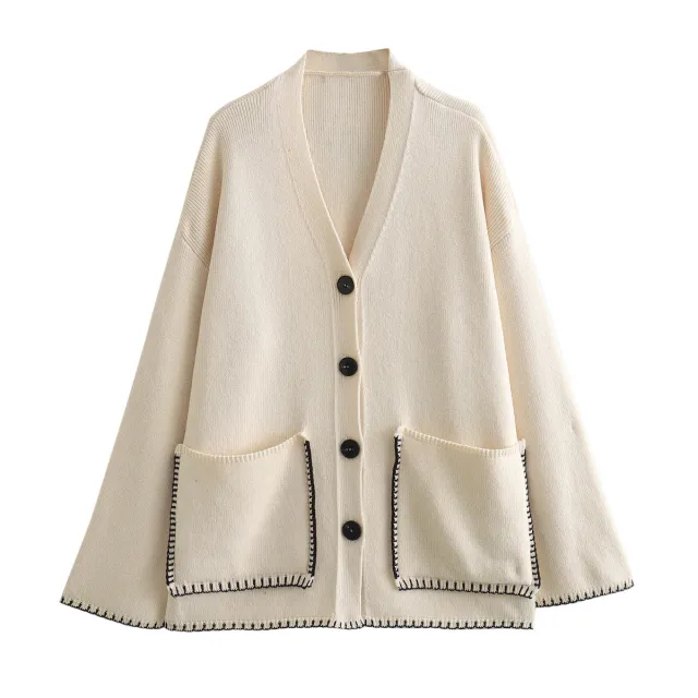 Fashion Comfort And Casual Contrast Color String Decoration Knitted Cardigan Sweater White - Shop at LoveMi