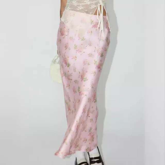 Satin Printed Dress With Back Slit And High end Drape Pink - Shop at LoveMi