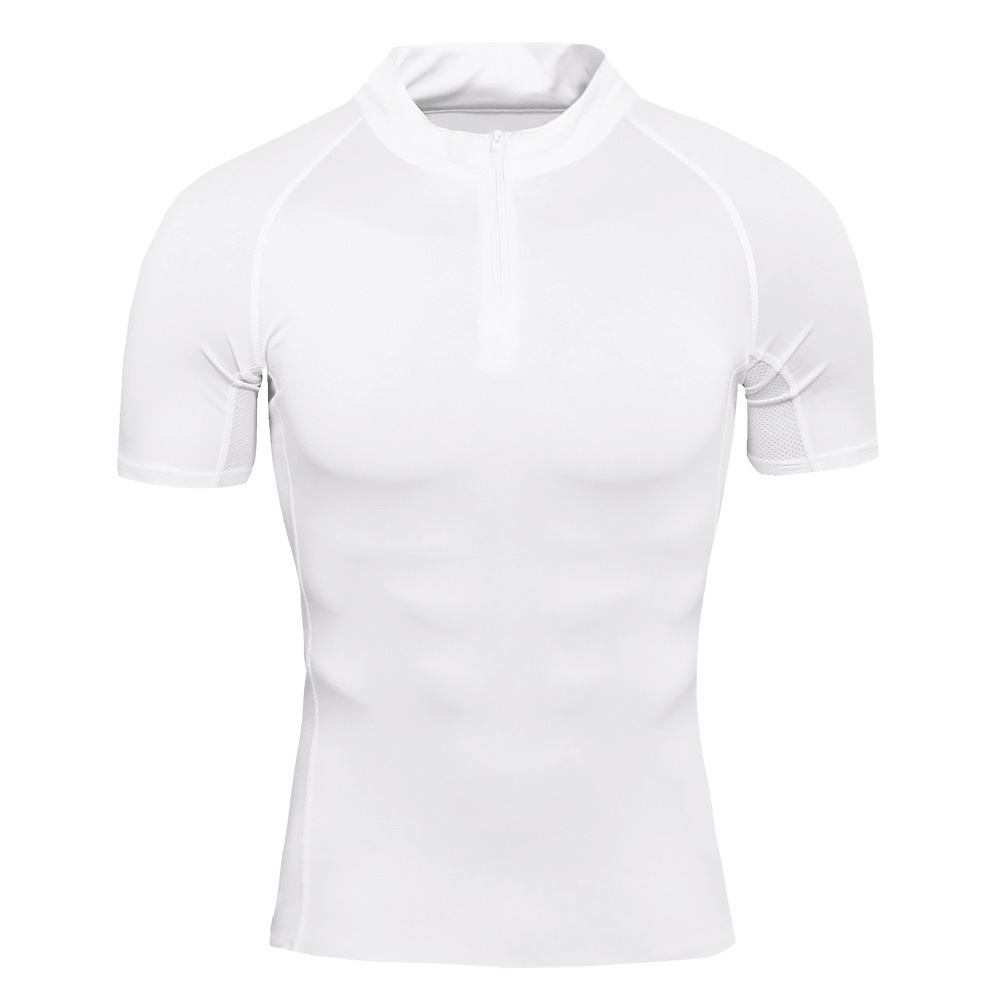 Men's Stand Collar Zipper Fitness Short Sleeve Training Running Stretch T-shirt - 3