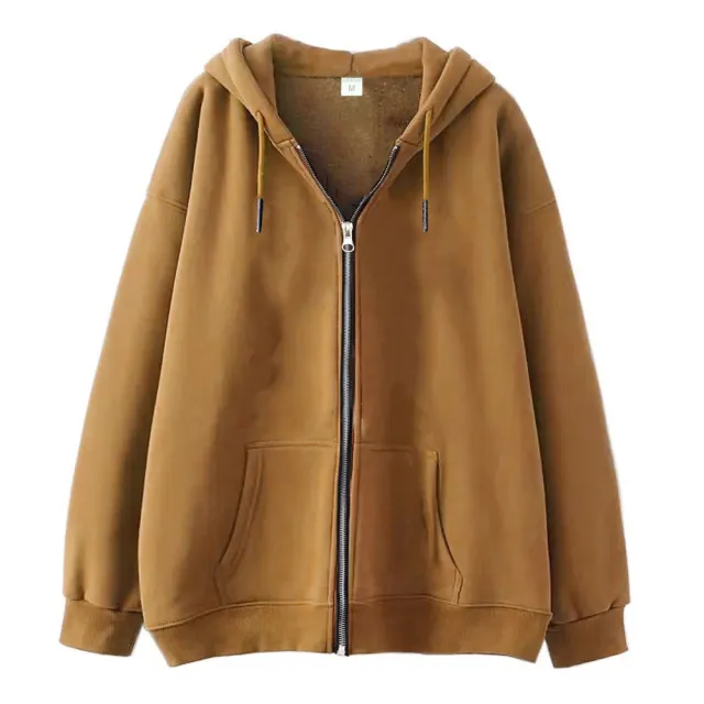 Full zip Hoodie With Fleece lined Solid color Sweatshirt Brown - Shop at LoveMi