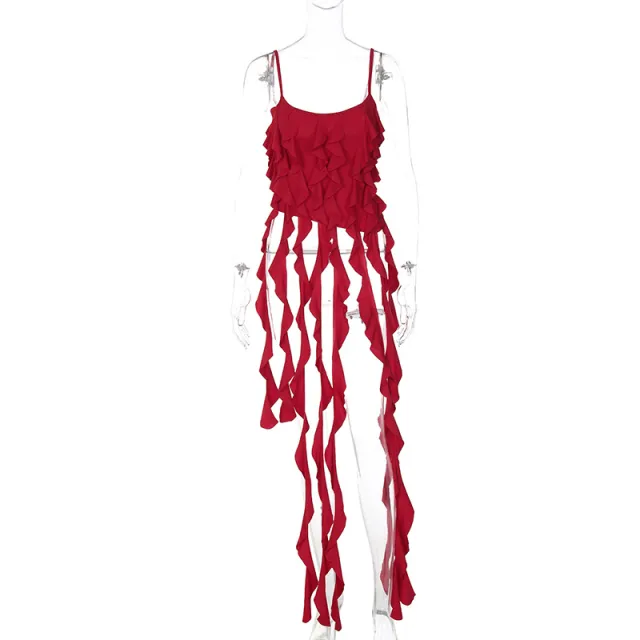 Fashion Personality Ruffled Tassel Suspender Vest Red - Shop at LoveMi