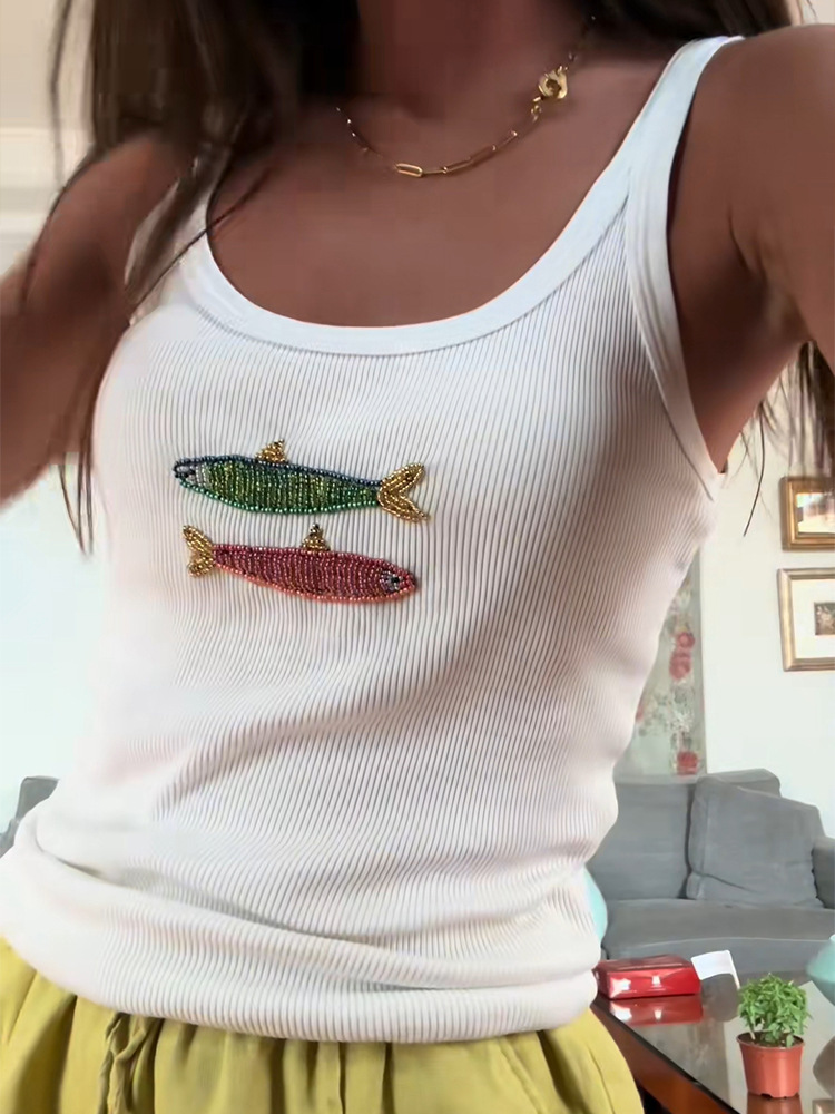 Women's Creative Knitted Sleeveless Starfish Decorative Vest Sequin Skirt Embroidery White Shirt - Shop at LoveMi