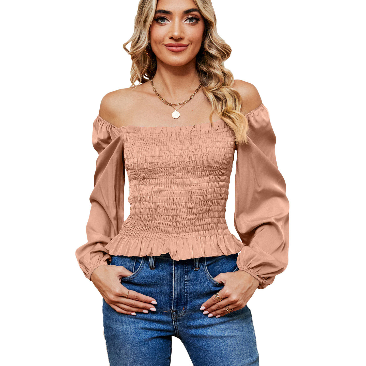 Women's Solid Color Square Collar Off-shoulder Slim Long Sleeve Top