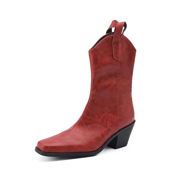 Retro Square toe V cut Mid calf Boots With Chunky Heels Red - Shop at LoveMi