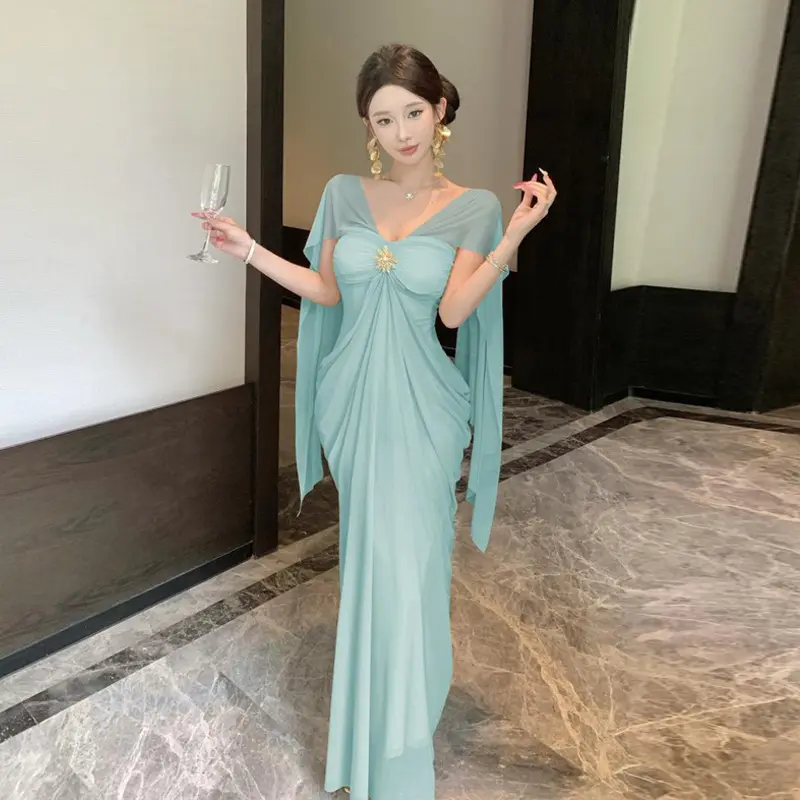 French-style Light-luxury Socialite Off-shoulder Two-way Mesh Dress