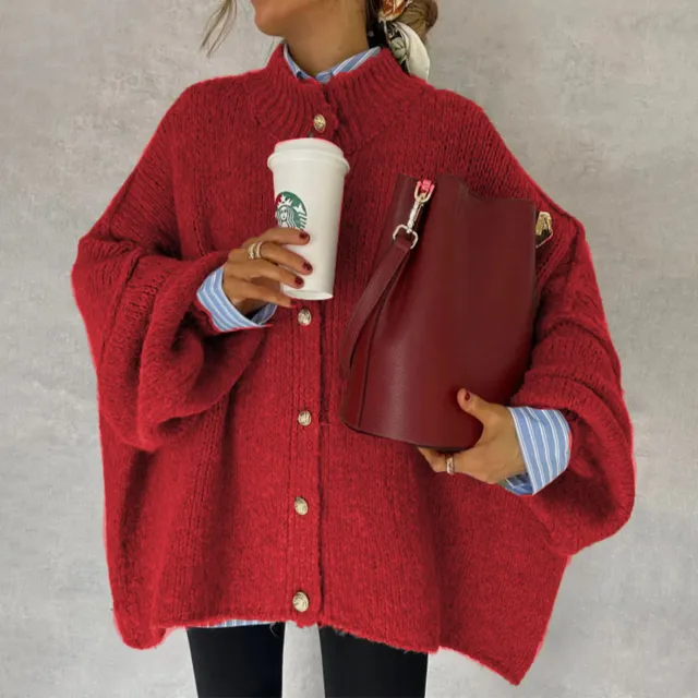 Autumn Winter Solid Color Casual Knitted Cardigan With Buttons And Oversized Sleeves Red - Shop at LoveMi