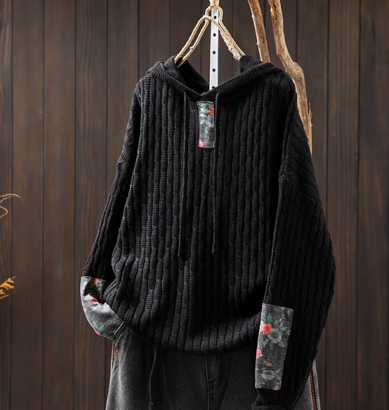 Womens Ethnic-Style Loose-Fit Oversized Sweater With Drawstring Hood