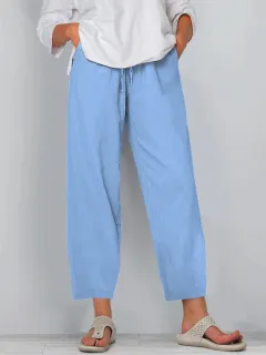Elastic Waist Solid Colour Cotton And Linen Wide Leg Casual Trousers - Blue - View 1