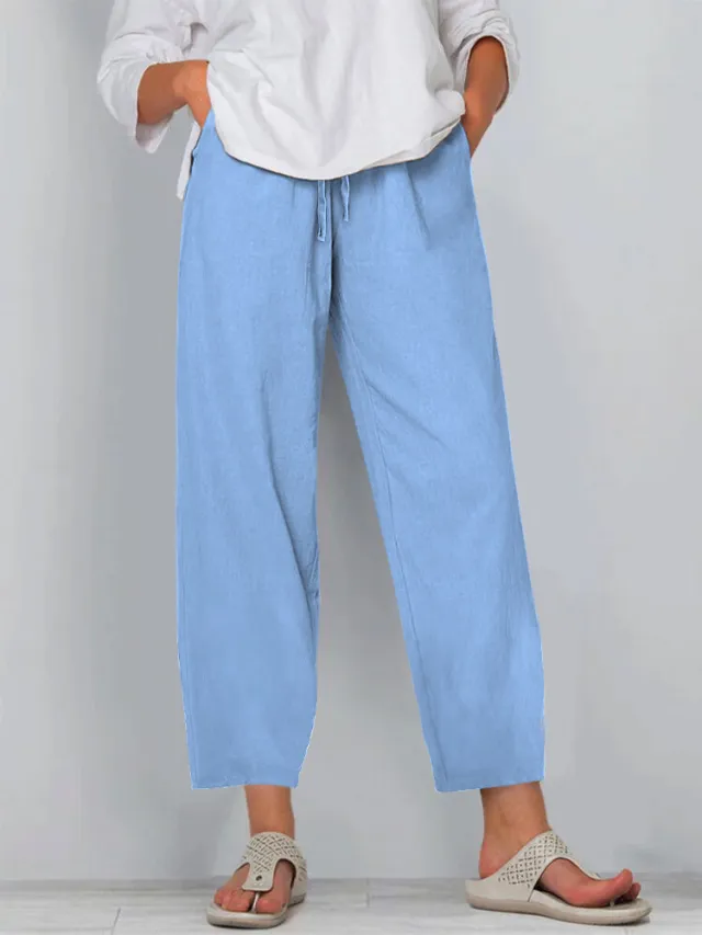 Elastic Waist Solid Color Cotton And Linen Wide Leg Casual Trousers Blue - Shop at LoveMi