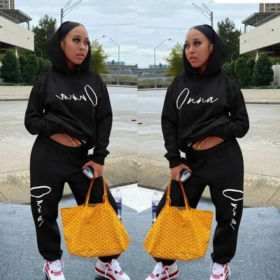 European And American Fashion Women's Wear Drawstring Printed Hooded Long Sleeve Trousers Two piece Set Black - Shop at LoveMi