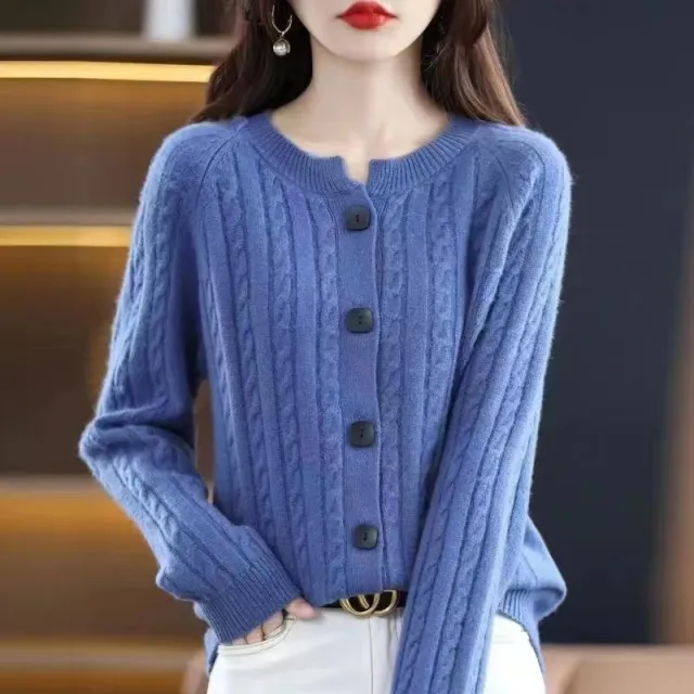 Cardigan Loose Cable knit Sweater Base Sweater Coat Top Blue - Shop at LoveMi